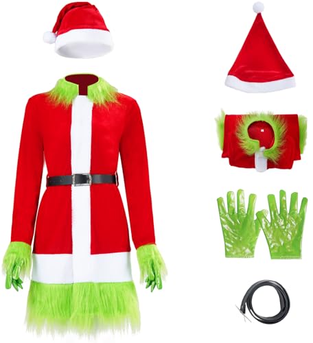 Windskids Weihnachtsmann Grinch Kostüm mit Weihnachtsmützen Damen Fasching Cosplay Grün Santa Claus Kleid und Handschuhe Anzug 4 Stück für Halloween Weihnachten Karneval Party Maskerade Verkleidung von Windskids