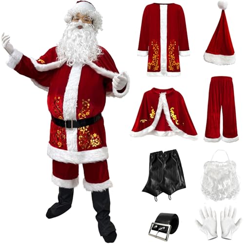 Windskids Weihnachtsmann Kostüm Herren Weihnachtsfeier Samt Weihnachtsmannkostüm mit Weihnachtsmütze Schnurrbart Anzug 8 Stück für Weihnachten Party Santa Claus Verkleidung, Großformat M-6XL von Windskids