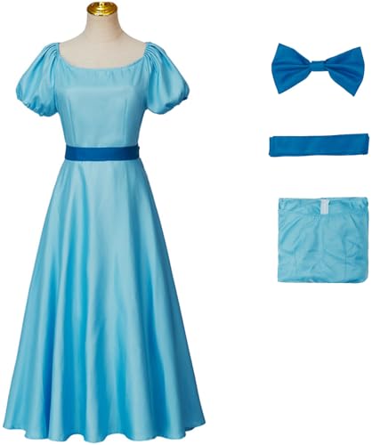 Windskids Wendy Kostüm Damen Cosplay Wendy Blau Prinzessin Maxi Abendkleid mit Fliege Anzug 3 Stück für Halloween Karneval Fancy Party Dressing Up Maskerade Performance Verkleidung von Windskids