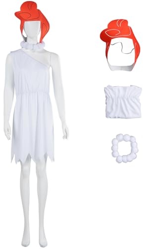 Windskids Wilma Kostüm Damen Cosplay Modern Primitiv Wilma Flintstone Weiß Schulterkleid mit Maske Halskette Anzug 3 Stück für Halloween Karneval Party Maskerade Performance Verkleidung von Windskids