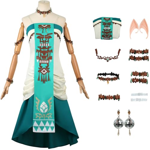 Windskids Zelda Kostüm mit Elfenohren Damen Cosplay Game Prinzessin Zelda Komplett Uniform Bustier Kleid und Zubehör für Halloween Karneval Party Geburtstag Maskerade Anime Performance Verkleidung von Windskids