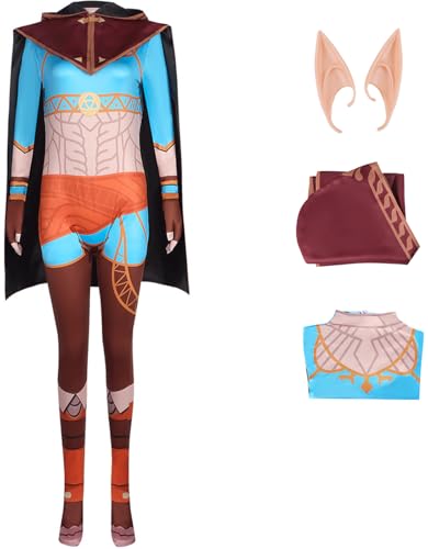 Windskids Zelda Kostüm mit Elfenohren Damen Cosplay Game Zelda Prinzessin Uniform Bedruckte Jumpsuit und Umhang für Halloween Karneval Party Geburtstag Maskerade Anime Performance Verkleidung von Windskids