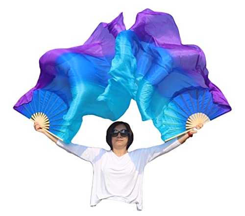 Winged Sirenny Belly Dance Silk Fan Veil Adjustable, 70"(180 cm) Worship Praise Flag Streamer (long side turquoise-blue-purple) von Winged Sirenny