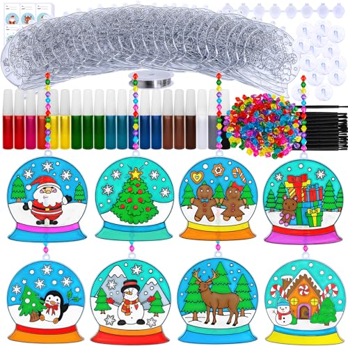 Winlyn 24 Sets Weihnachts-Schneekugel Sonnenfänger Ornamente DIY Fenstermalerei Kunst Sonnenfänger Bastelsets Winter Weihnachten Schneekugel Sonnenfänger für Kinder Urlaub Klassenzimmer Party von Winlyn