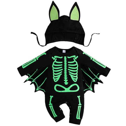 Winmany Neugeborenes Baby Jungen Mädchen Halloween Kostüme mit Hut 2PCS meine erste Halloween Overall Kleinkind Fledermaus Strampler Kleidung (Grün, 3-6 Months) von Winmany