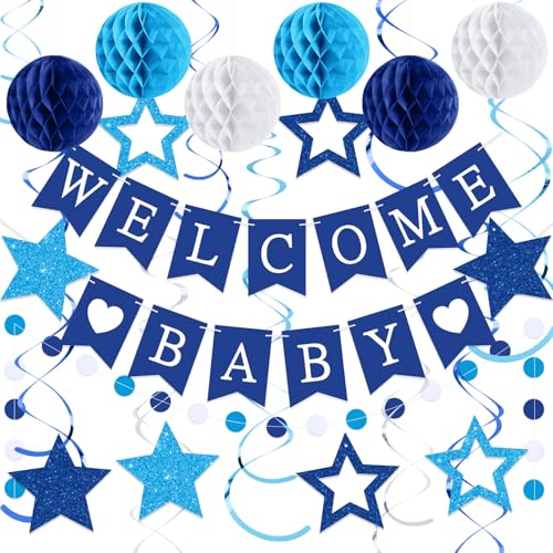 WinnerWhy 25 Stück blaue Babyparty-Dekorationen, Willkommens-Banner mit Glitzersternen, hängende Wirbel, Wabenbälle, Kreispunkte, Girlande für geschlechtsneutrale Babyparty-Dekoration, Reveal-Party von WinnerWhy