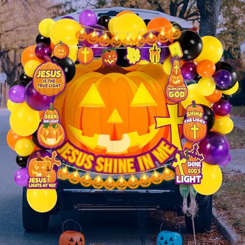 WinnerWhy 74-teiliges Halloween-Kürbis-Set mit christlichem Kürbis oder Leckerli, Auto-Dekorationsset, enthält Hintergrundbeleuchtung, Halloween-Kürbis-Lichterkette, 60 Luftballons und 12 Karten für von WinnerWhy