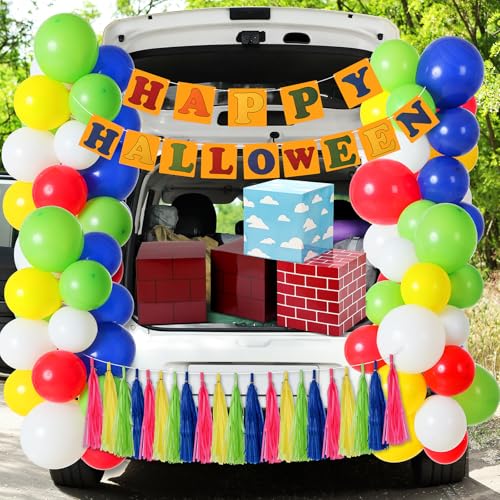 WinnerWhy Halloween Kofferraum oder Leckerli Auto Dekorationen Kit Halloween Auto Dekor mit Hintergrund Happy Halloween Banner, Luftballons, Snackbox für Outdoor Garagentor Torbogen Halloween Party von WinnerWhy