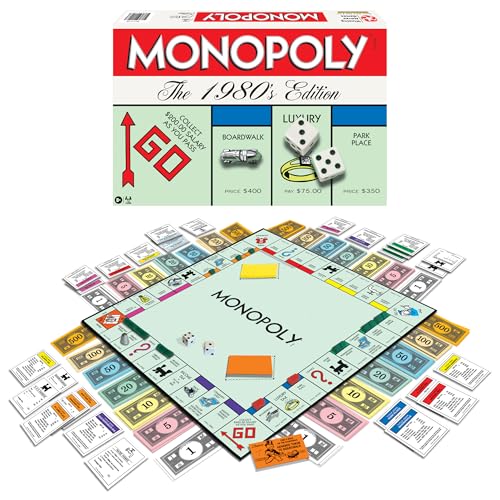 Monopoly Die 1980er-Jahre Edition mit Original-Kunstwerk und Komponenten der 1980er Jahre, inkl. Allen klassischen Spielsteinen, von Winning Moves Games USA, klassisches Familien-Brettspiel mit von Winning Moves