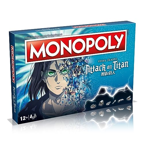 Winning Moves Attack on Titan: Das Monopoly-Brettspiel 'Die letzte Staffel'. Kaufen Sie Eren Jaeger, Colossal Titan, Gabi Braun und Yelena und handeln Sie sich Ihren Weg zum Erfolg. Ein großartiges Ge von Winning Moves