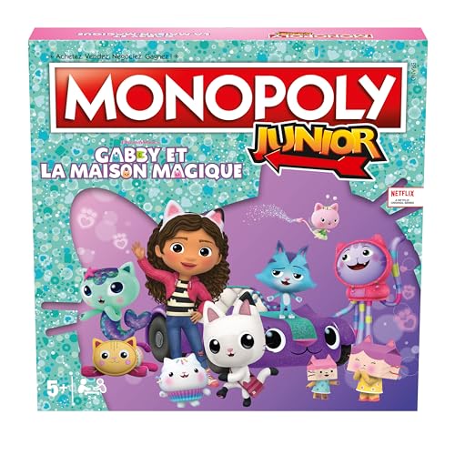 Winning Moves - Monopoly Junior Gabby und das Zauberhaus (Gabby's Dollhouse) – Gesellschaftsspiel – Brettspiel – ab 5 Jahren – 2 bis 4 Spieler – französische Version von Winning Moves