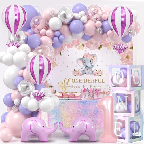 Winrayk 142 Stück Elefanten-Dekorationen zum ersten Geburtstag für Mädchen, eine Box rosa lila Ballonbogen Hintergrund Tischdecke Krone Kuchen Topper Elefant Heißluftballon ein Jahr alt 1. Geburtstag von Winrayk