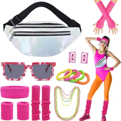 14 Stück 80er Jahre Outfit Rosa Set, Disco Accessoires für Damen, 90er jahre Disco Accessoires Kostüm Set, Bekleidung Hippie Damen Accessoires für 1980s 1990s Halloween Karneval Fasching von Winric