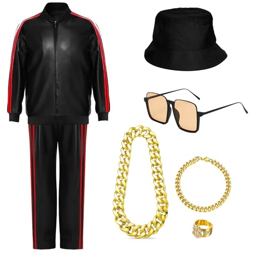 80er 90er Jahre Hip Hop Outfit für Erwachsene, 7pcs Rapper Verkleidung Kostüm Set mit Lederbekleidung Gold Halskette Armband Ring Fischerhut Sonnenbrille 90er Jahre Disco Kostüm für Karneval Halloween von Winric