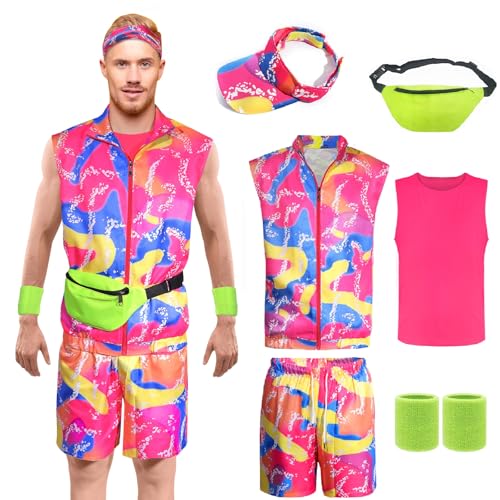 80er Jahre Workout-Kostüm-Outfit-Zubehör-Set, 7-teilig, Halloween-Cosplay-Anzug, Oufits für Herren und Damen, Größe XXL von Winric