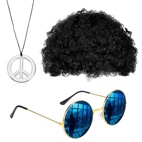 Winric Hippie Kostüm Set für Erwachsene, 3 teilig, Hippie Zubehör, Stilvolle Afrikanische Perücke, Sonnenbrille, Friedenszeichen-Halskette für 70er 80er JahreMottoparty, Karneval, Welttag des Buches von Winric