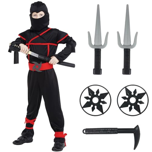 Ninja Kostüm Kinder, Kinderkostüm Ninja Set, Jungen Mädchen Ninja Anzug Kinder, Ninja Zubehör Kostüm für Halloween Verkleidung Karneval Party Cosplay, Rot Schwarz (M) von Winric