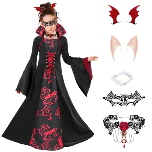 Winric Vampir Kostüm Mädchen 6 Stück Gothic Vampirkostüm Kleid Haarnadel Prothese Halskette Falsche Ohren Maske Fasching Kostüm für Karneval Maskerade Party (Kind, 140) von Winric