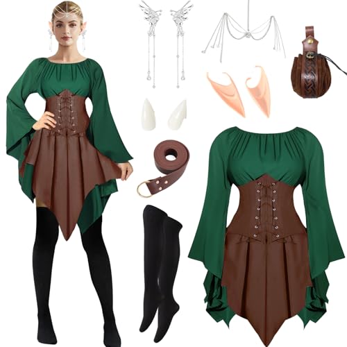 Winric 11 Stück Damen Mittelalter Kleid Traditionelles Gothic Kleid Damen, Renaissance Elfen Kostüm mit Elfenohren, für Karneval Kostüm Cosplay (Braun, L) von Winric