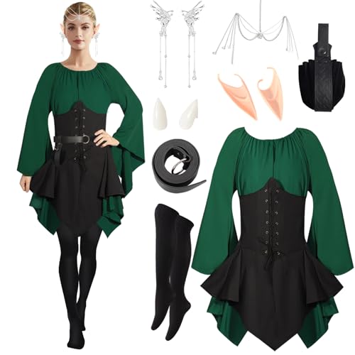 Winric 11 Stück Damen Mittelalter Kleid Traditionelles Gothic Kleid Damen, Renaissance Elfen Kostüm mit Elfenohren, für Karneval Kostüm Cosplay (Schwarz, L) von Winric