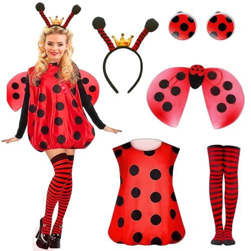 Winric 5 Stück Marienkäfer Kostüm Damen Fasching Erwachsene Kleid mit Marienkäfer Haarreif Marienkäfer Flügel Zubehör Karneval Kostüm Damen Rot Marienkäfer Kostüm Set von Winric