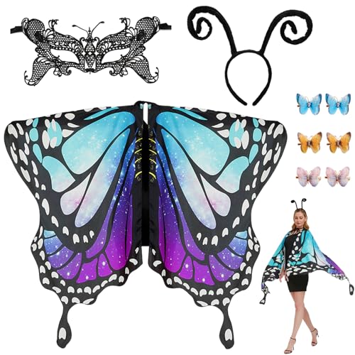 Winric 7 Stück Schmetterling Flügel Kostüm, Schmetterling Schal Flügel mit Maske Haar Clips Antenne Stirnband, Schmetterling Cape Fee Pixie Mantel Kostüm Mädchen Cosplay Zubehör von Winric