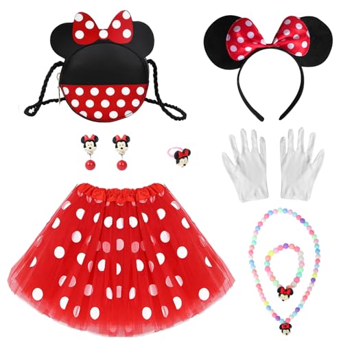 Winric 8 Stück Mouse Kostüm Set, Kleid Kostüm mit Ohren Haarreifen Tull Rock Maus Taschen Weiße Handschuhe und Schmucksets für Mädchen Kostümparty, Fasching, Karneval Party von Winric