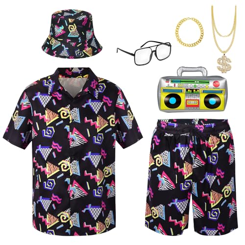 Winric 80er 90er Hip Hop Outfit für Männer 7 Stück 80er Retro Kostüme Fischerhut Brillengestell Halskette Armband Karnevals Kostüme für Mottopartys Sport Fasching (2XL) von Winric