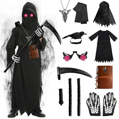 Winric 9-teiliges Skelett-Kostüm für Erwachsene, Halloween der Dunkelheit, Party-Outfit, Samt-Umhang + große Kunststoff-Sense und schwarze Handschuhe (170) von Winric