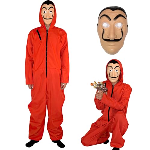 Winric Bankräuber Overall Kostüm Overall Rot Langarm Strampler mit Kapuze Cosplay Set Maske Karneval Kostüm (2XL) von Winric