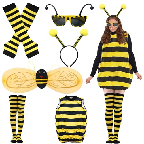 Winric Bee Kostüm Damen 6Pcs Bienenkostüm Bee Outfits Accessory Set Bee Kleiden Headband Fasching Kostüm for Carnival Cosplay Party (Erwachsener, M) von Winric