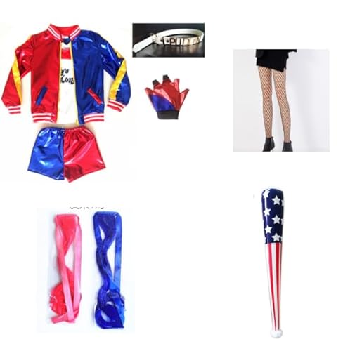 Winric Cosplay-Kostüme inklusive Jacke, T-Shirt, Shorts und Handschuhe für Halloween, Karneval, Cosplay, Mädchen Bösewicht, Selbstmord-Kostüm für Erwachsene Kinder (130) von Winric