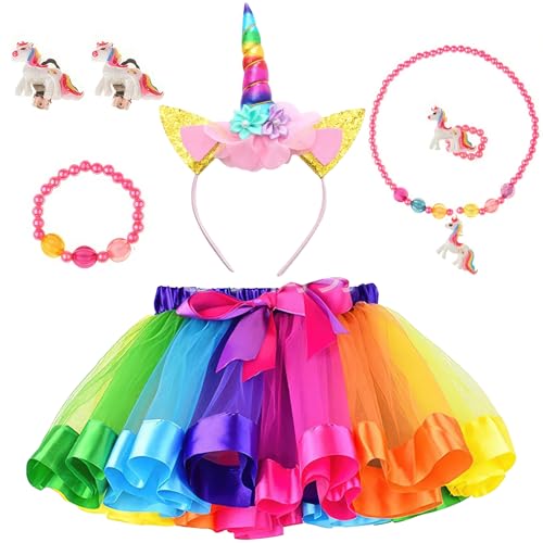 Winric Einhorn Kostüm für Mädchen 6 Stück Unicorn Cosplay Outfits Einhorn Haarreif Halskette Stirnband Karneval Kostüm für Karneval Welttag des Buches Kindergeburtstag von Winric