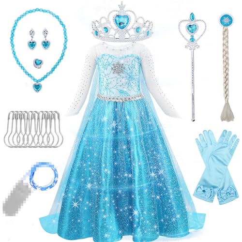 Winric Kostüm Mädchen Leuchtendes,Prinzessin Kleid 8-teiliges Set mit Krone Diadem Handschuhe Zauberstab usw für Halloween Weihnachten Verkleidung Karneval (130) von Winric