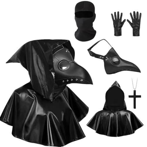 Winric 5 Stück Pestdoktor Kostüm Pest Doktor Vogel Maske Set, Steampunk Halloween Karneval Kostüm mit Schnabel Maske Schwarz Kapuzenumhang Halskette Handschuhe Sturmhaube für Cosplay Party von Winric