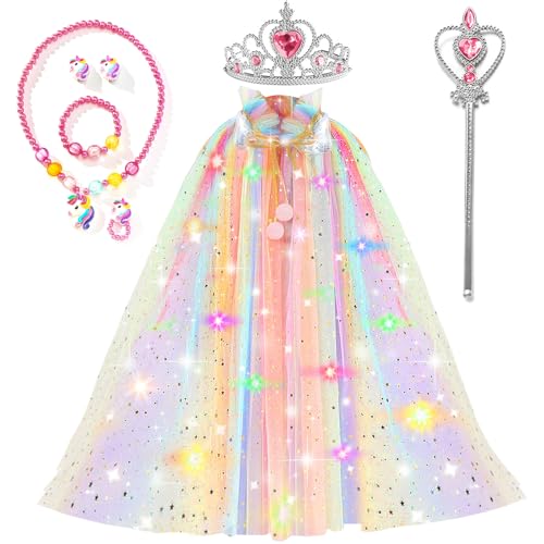 Winric Prinzessin Cape Mädchen 8 Stück Einhorn-Umhang Schmuck Krone Zepter Bunt Fasching umhang für Karneval Maskerade von Winric