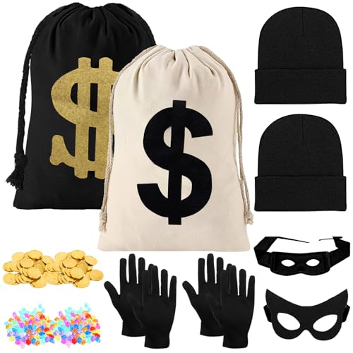 Winric 12 Stück Räuber Kostüm Zubehör für Erwachsene, Robber Zubehör Doppeltes Set mit Tasche Handschuhe Banditenmaske Mütze, Bankräuber Zubehör für Halloween Dress Up Cosplay Thema Party von Winric