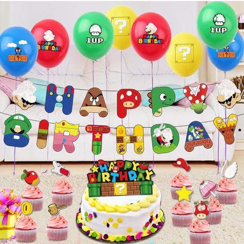 Winric Super Mario Geburtstagsdeko Super Mario Geburtstag Party Deko Jungen Mädchen Deko Set Enthält Happy Birthday Banner Girlande Super Mario Kuchen Muffins Deko Tortendeko Luftballons von Winric