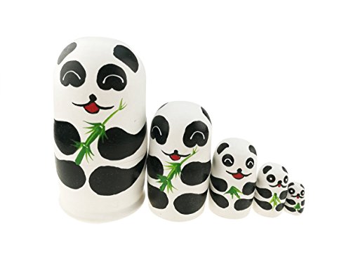 Winterworm 5 Stück 13 cm Cartoon-Panda-Matrjoschka-Puppen, russische Nesting-Puppen, Panda-Sachen für Kinder, handgefertigtes Holz-Stapelspielzeug, Pandabär, Partyzubehör, kulturelle Andenken von Winterworm