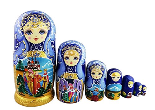 Winterworm Set mit 7 Stück Märchen blau gold glasiert Kleinkind Puppe Holz stapelbar Spielzeug traditionell russische Nesting Puppen handgefertigt Matrjoschka Puppe Kinder Spielzeug Souvenir von Winterworm