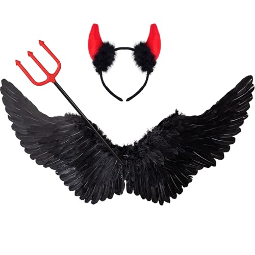 105CM Schwarz Engelsflügel Groß mit Teufelshörner & Zauberstab Set,Teufel Kostüm Damen Engel Teufels Flügel Kostüm Accessoires Erwachsene für Halloween Karneval Cosplay Party Fasching Verkleidung von Winwild