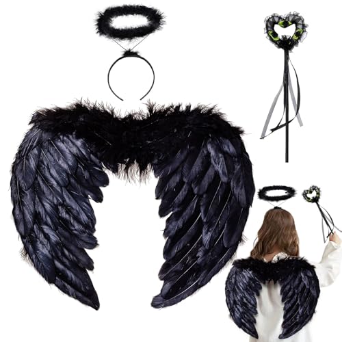 3er Engelsflügel Schwarz mit Heiligenschein & Zauberstab,45CM Liebe Engel Flügel Kinder Engel Kostüm Schwarze Flügel Federn Engelskostüm für Kinder Accessoires Halloween Karneval Cosplay von Winwild