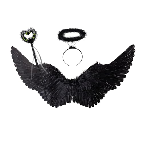 3er Engelsflügel Schwarz mit Heiligenschein & Zauberstab Set,60 cm Schwarzer Engel Teufels Flügel Accessoires,Engel und Teufel Kostüm Kinder für Halloween Karneval Cosplay Party Fasching Verkleidung von Winwild