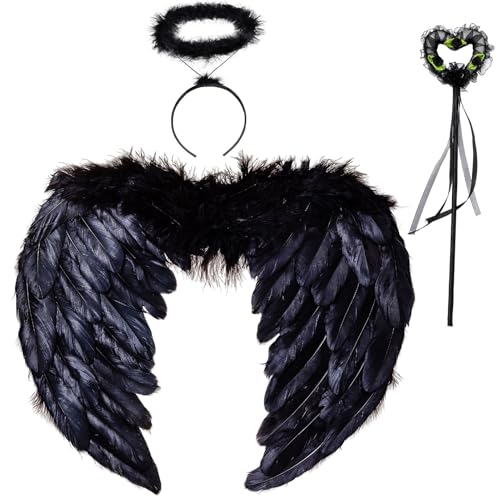 3er Engelsflügel Schwarz Liebe Engel Flügel mit Heiligenschein & Zauberstab,Engel Kostüm Damen Flügel Dunkler Engel Kostüm Kinder Engelsflügel Halloween Karneval Cosplay Accessoires(60CM×45CM) von Winwild