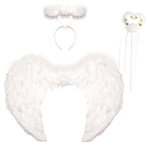 3er Engelsflügel Weiß Liebe Engel Flügel mit Heiligenschein & Zauberstab,Engel Kostüm Damen Flügel Dunkler Engel Kostüm Kinder Engelsflügel Halloween Karneval Cosplay Accessoires(60CM×45CM) von Winwild