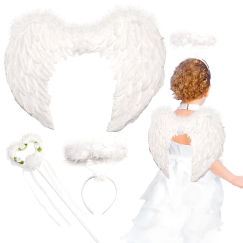 3er Engelsflügel Weiß mit Heiligenschein & Zauberstab,45CM Liebe Engel Flügel Kinder Engel Kostüm Federn Weiss Flügel Engelskostüm für Kinder Accessoires Halloween Karneval Cosplay von Winwild