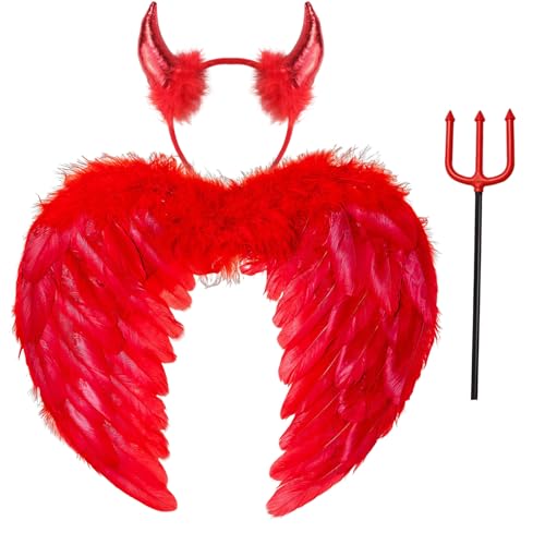 3er Engelsflügel Rot Liebe Engel Flügel mit Teufelshörner & Zauberstab,Engel Kostüm Damen Flügel Dunkler Engel Kostüm Kinder Engelsflügel Halloween Karneval Cosplay Accessoires(60CM×45CM) von Winwild