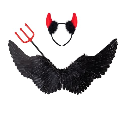 60CM Schwarz Engelsflügel mit Teufelshörner & Zauberstab Set,Teufel Kostüm Damen Engel Kostüm Accessoires Engel Teufels Flügel Erwachsene für Halloween Karneval Cosplay Party Fasching Verkleidung von Winwild