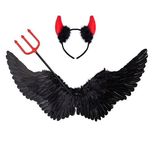 75CM Schwarz Engelsflügel mit Teufelshörner & Zauberstab Set,Teufel Kostüm Damen Engel Kostüm Accessoires Engel Teufels Flügel Erwachsene für Halloween Karneval Cosplay Party Fasching Verkleidung von Winwild