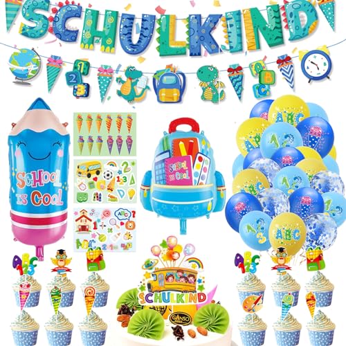 Einschulung Deko Junge Schulkind Deko Schulanfänger mit Tortendeko Einschulung Schulanfang Deko Set - Blau SCHULKIND Girlande + Schultüte Banner + Luftballons Einschulung mit ABC/123/Zuckertüte von Winwild